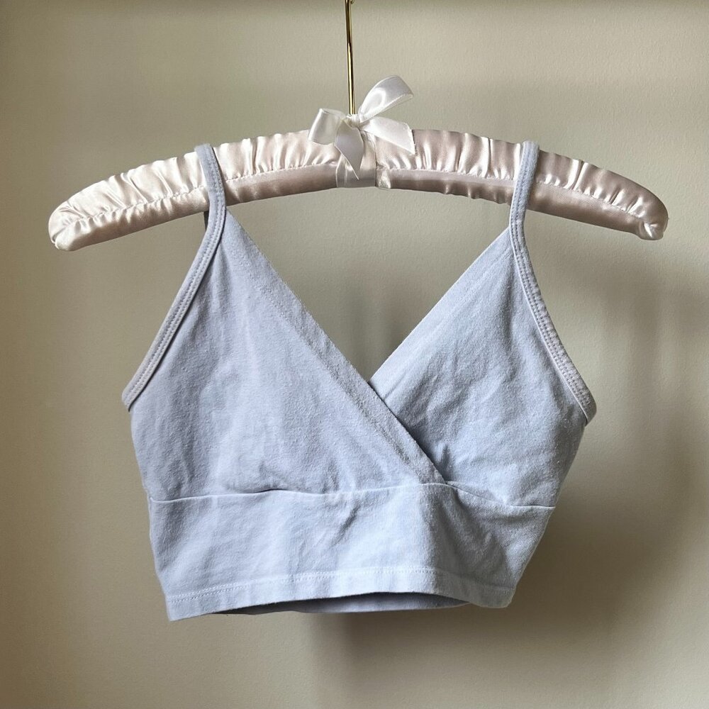 Vintage Brandy Melville Women's Light Blue Tank Top with Surplice Neckline